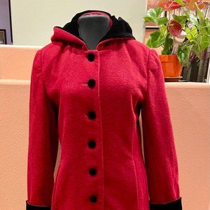 Chadwick’s Vintage Ladies Long Red Wool Coat- Black Velvet Hood/Cuffs